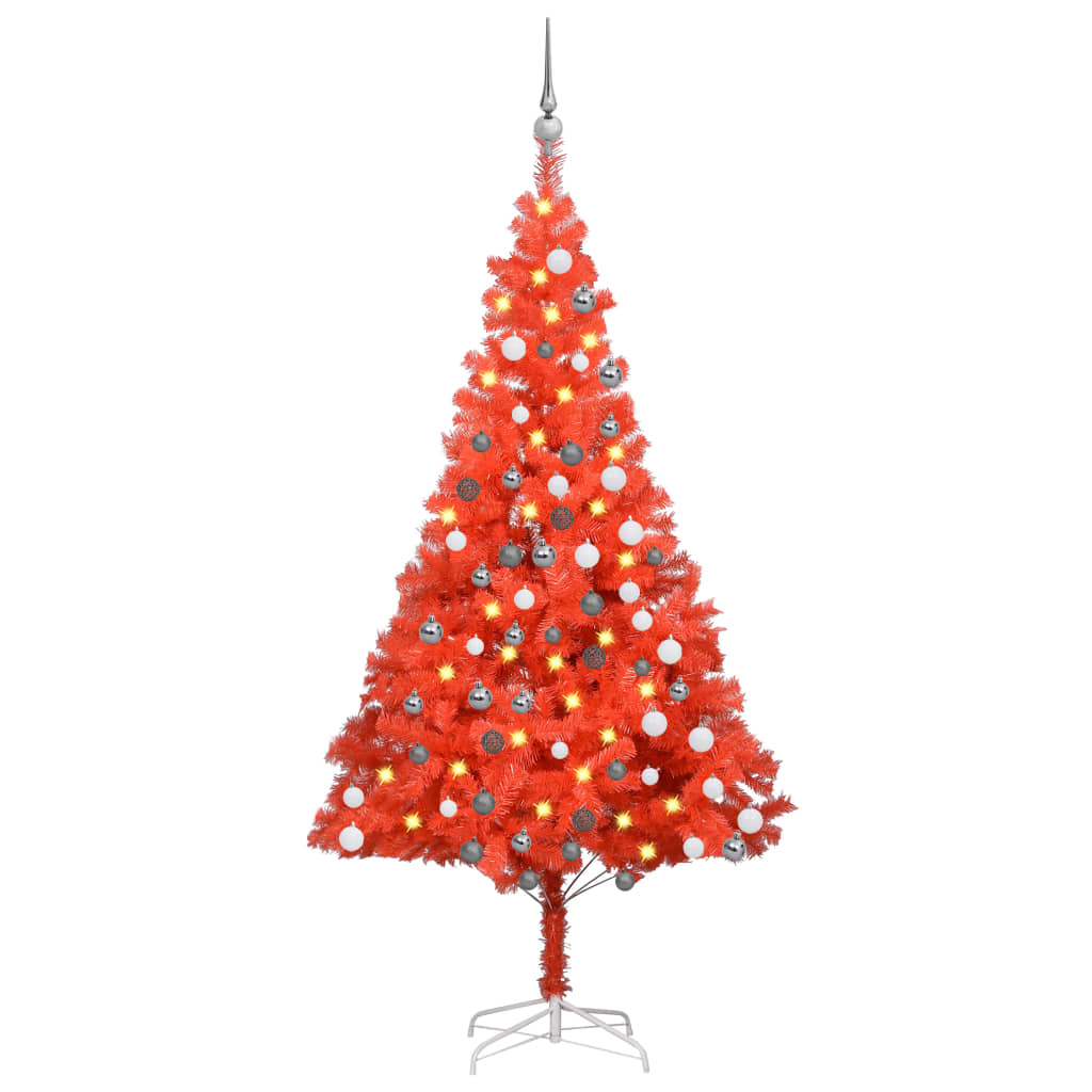 Kunstkerstboom met verlichting en kerstballen 180 cm PVC rood