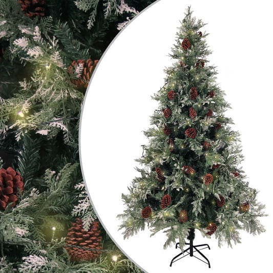 Kerstboom met LED en dennenappels 195 cm PVC en PE groen en wit