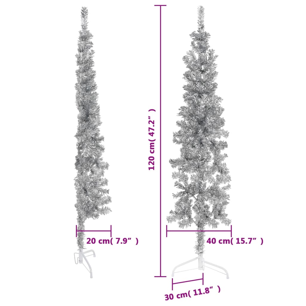 Künstlicher Weihnachtsbaum halb mit Stamm schmal 120 cm silberfarben