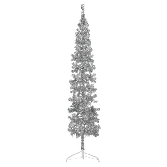 Kunstkerstboom half met standaard smal 210 cm zilverkleurig