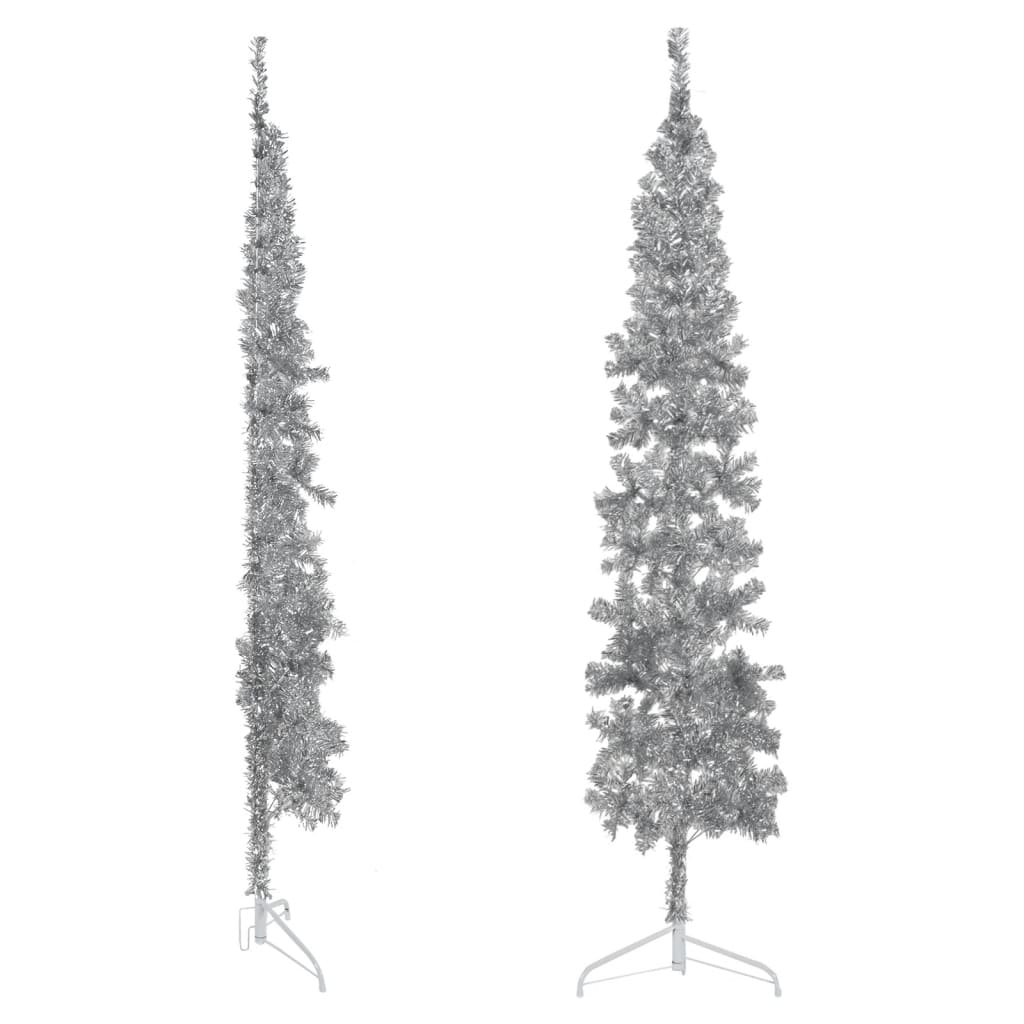 Kunstkerstboom half met standaard smal 210 cm zilverkleurig