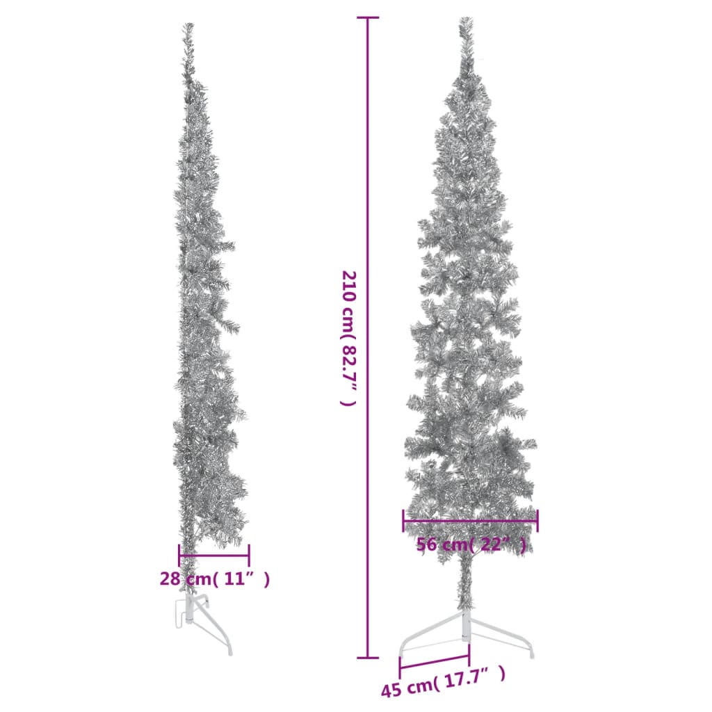 Künstlicher Weihnachtsbaum halb mit Stamm schmal 210 cm silberfarben