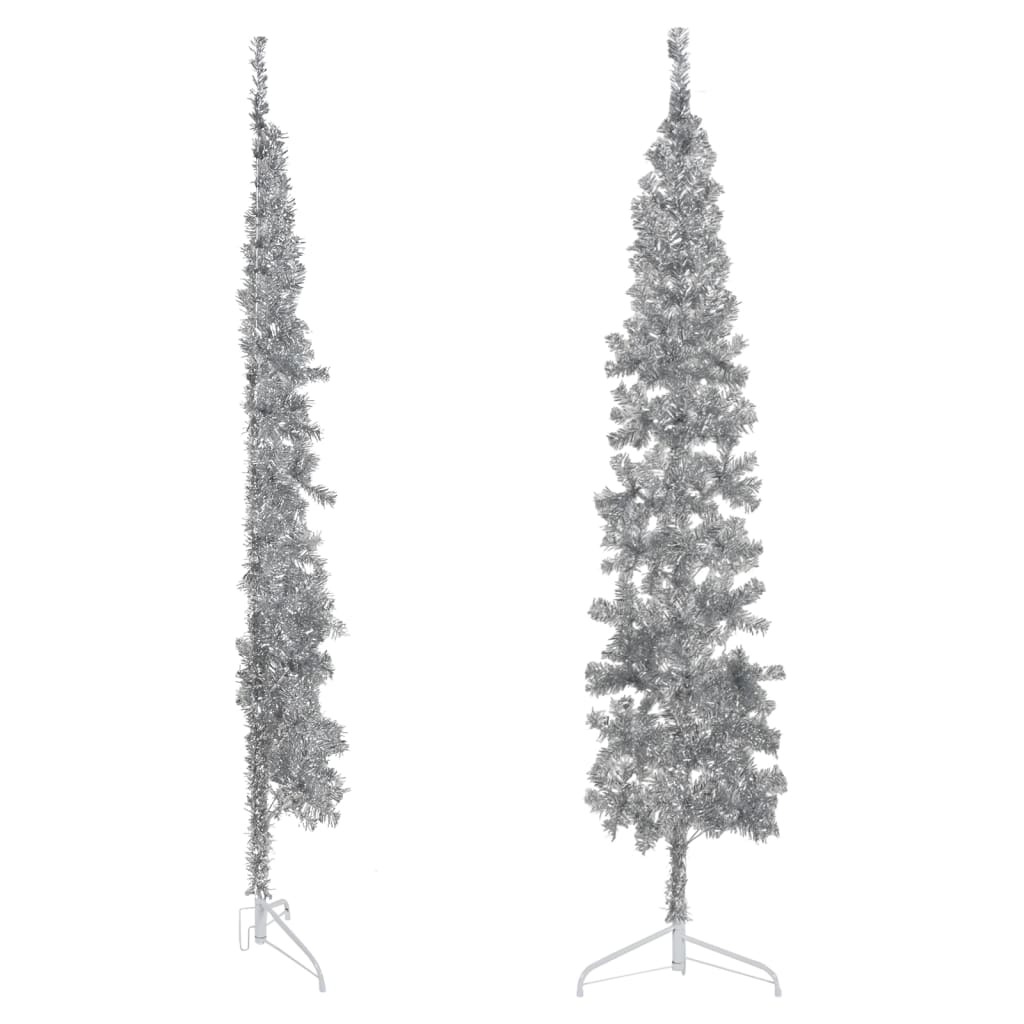 Kunstkerstboom half met standaard smal 240 cm zilverkleurig