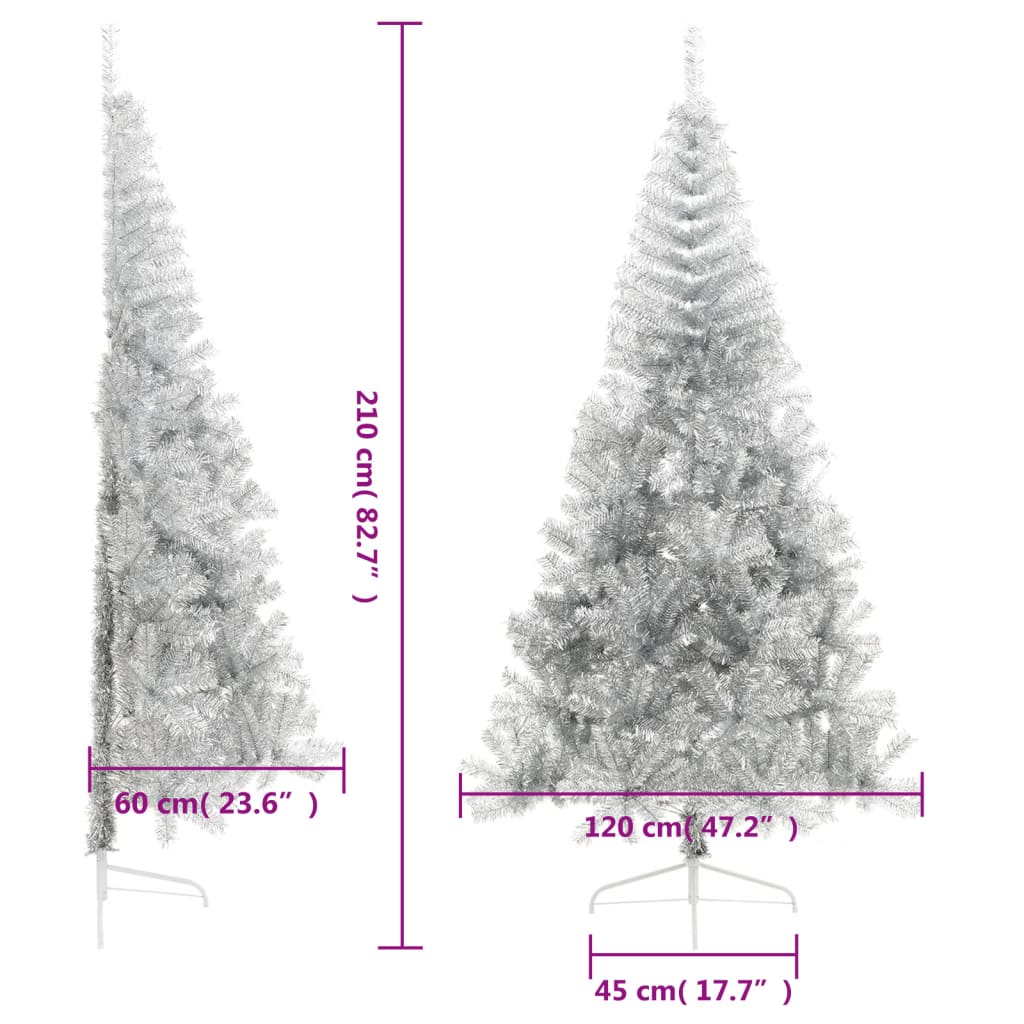 Kunstkerstboom half met standaard 210 cm PET zilverkleurig